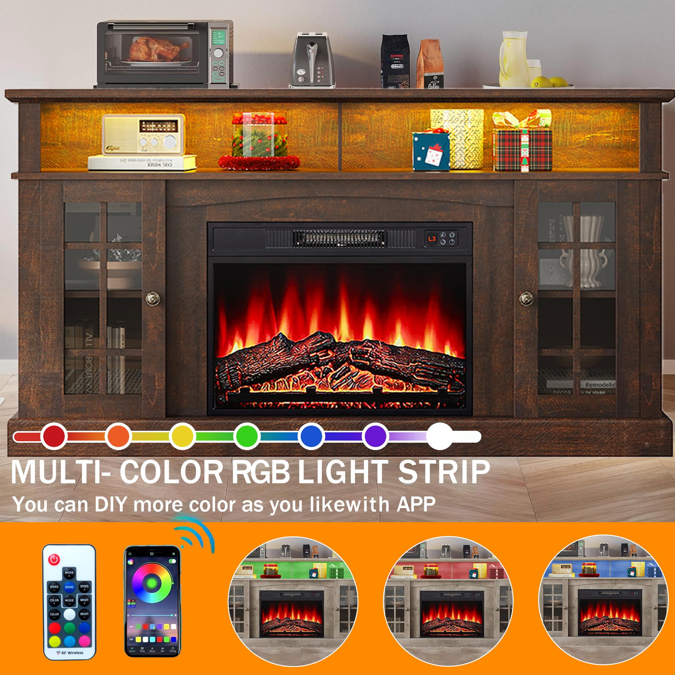 SESSLIFE Fireplace TV Stand for 65 Inch TV, LED TV Console with 23''Electric Fireplace, Entertainment Center Television Table for Living Room or Bedroom, Brown
