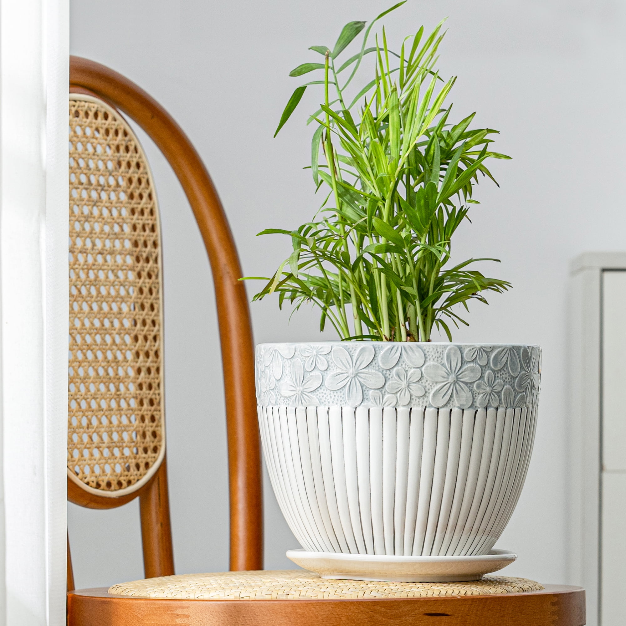 8 Inch Grey Flower Pots,Texture Planter for Indoor Plants 8 Inch Ceramic Flower Pots with Saucer