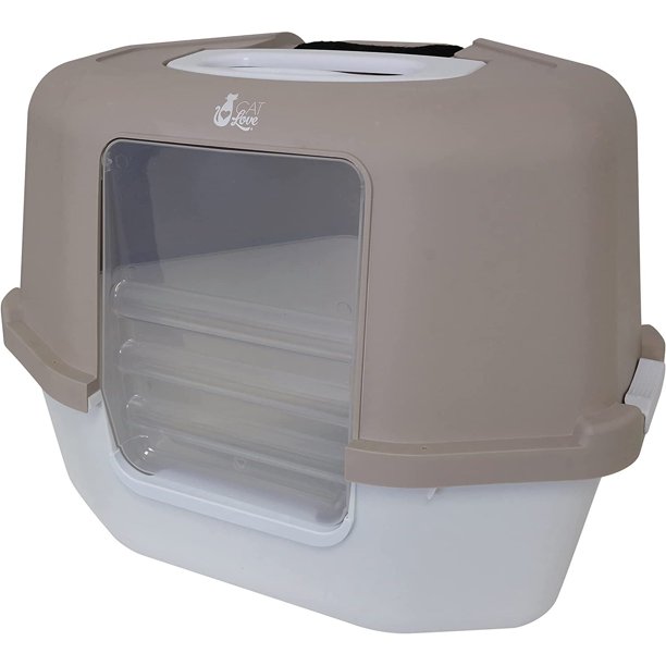 Space Saver Corner Hooded Cat Pan, taupe/tan., Space saving cat pan