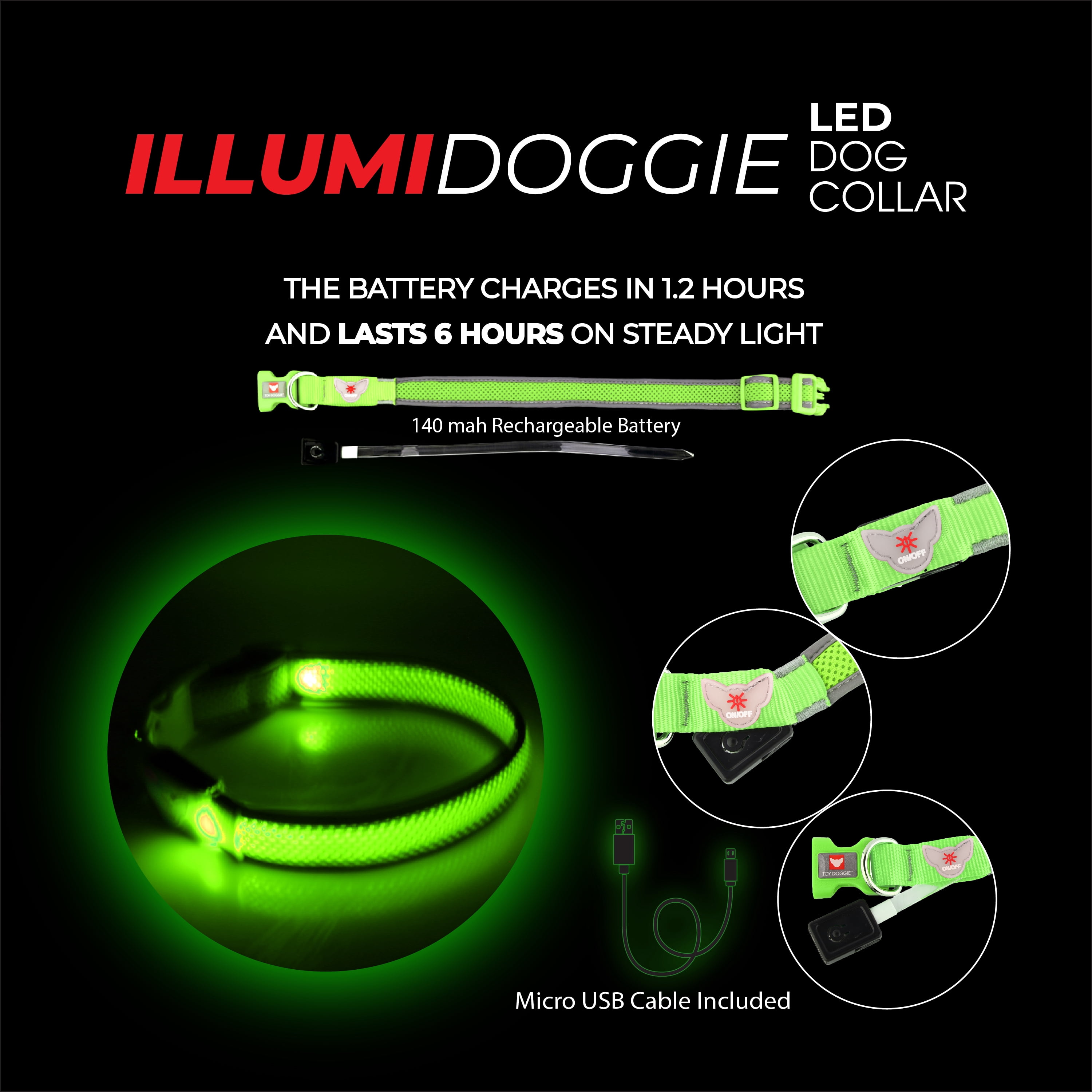 Illumidoggie LED Dog Collar L - Safety Green for Large Dogs from Toy Doggie Brand