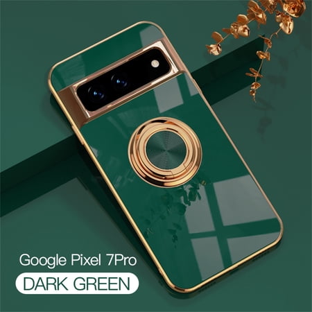 UUCOVERS Case Compatible with Google Pixel 7 Pro with Ring Holder, Slim Plating Gold Edge 360°Kickstand Cover with Hinge Protective Phone Cases Fit Google Pixel 7 Pro Cover for Women Men, Darkgreen