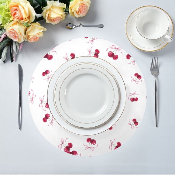 15.4" Round Placemat Set of 1 Polyester Fabric Place Mats Non-Slip Dining Kitchen Table Mats for Kitchen Party Decor Watercolor Cherries Pattern