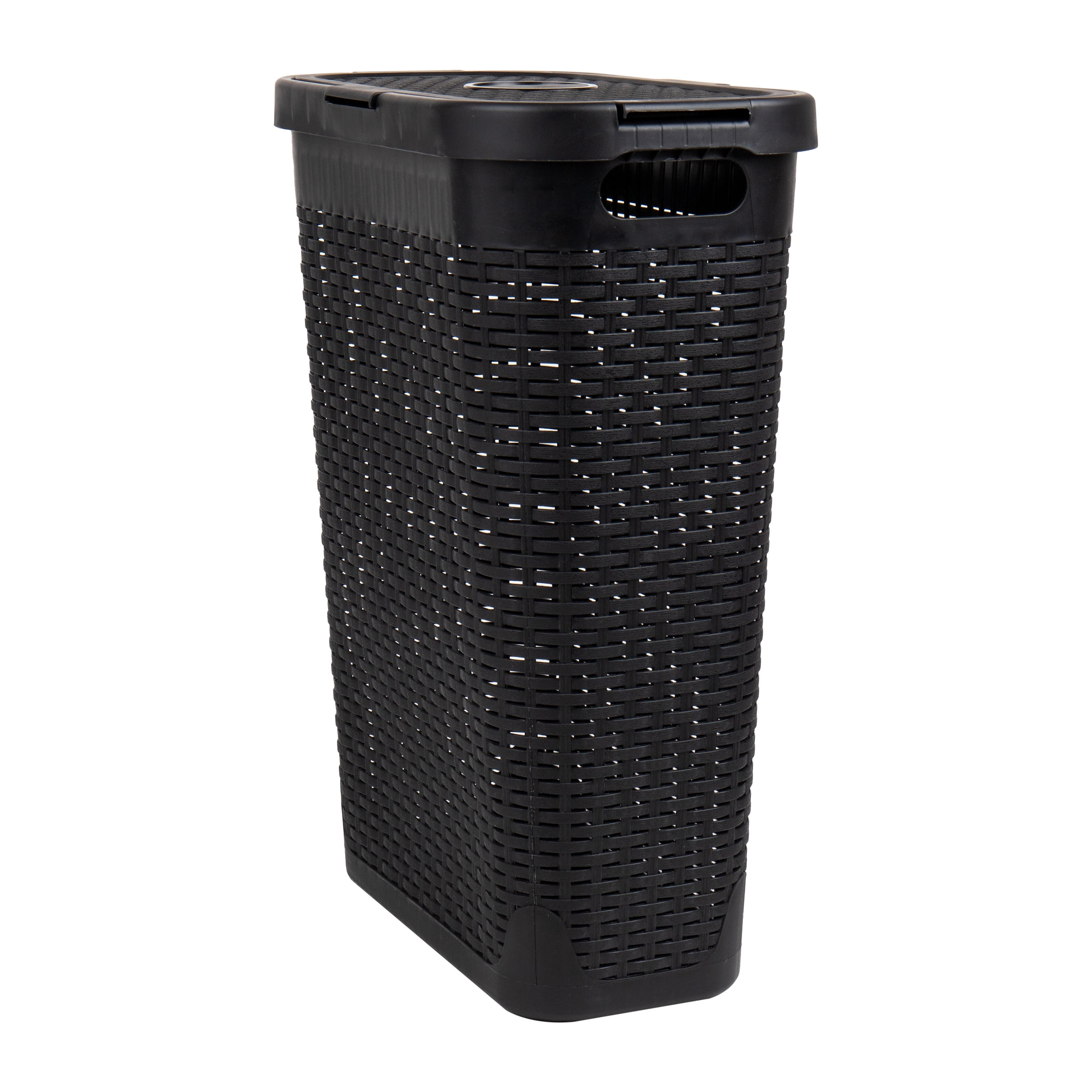 Mind Reader 40L Slim Laundry Hamper, Lid, Wicker Design, Plastic, 18"L x 10.4"W x 23.5"H Adult, Black