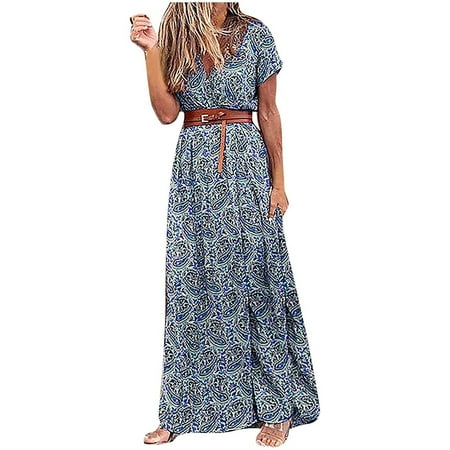 

Inkach Womens Fashion Casual Bandage Loose Short Sleeve Print V-Neck Mid-Calf Dress