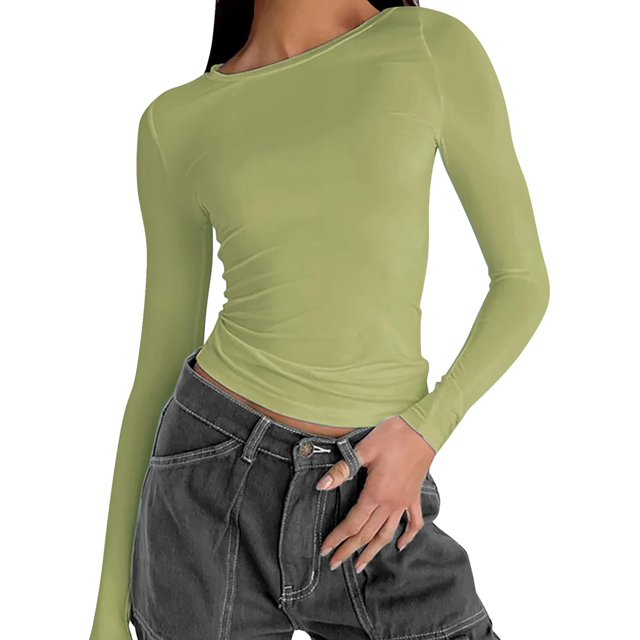 Women's Sexy Long Sleeve Square Neck Basic Slim Fitted Ribbed Knit Tee Shirts Crop Tops