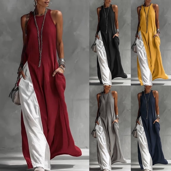 ChaoHeng Summer Dresses for Women 2026 Sundresses for Solid Round Neck Spaghetti Strap Sleeveless Casual for Black S