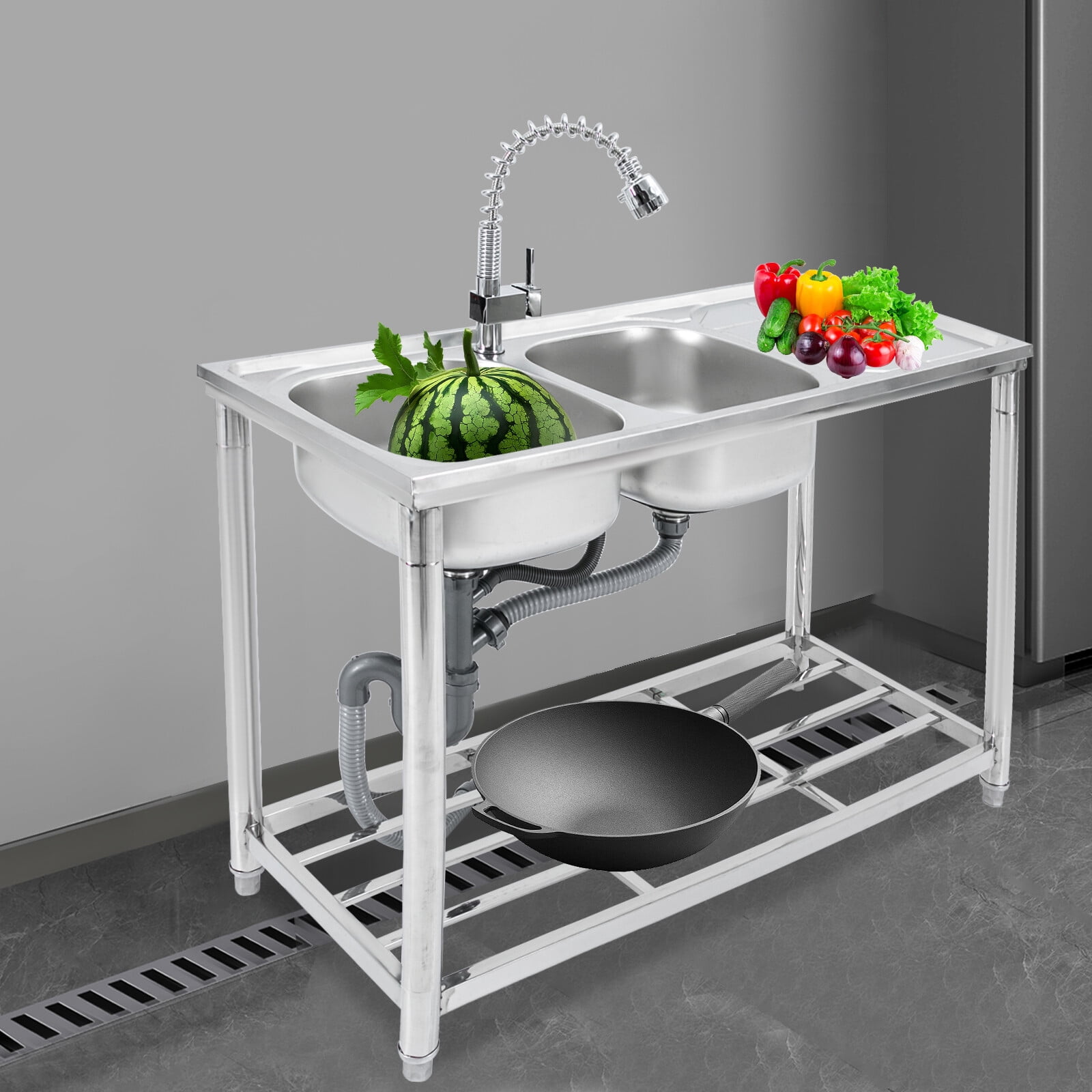 201 Stainless Steel Kitchen Sink, 2-Bowl Design with Pull-Out Spray Faucet, 220LBS Capacity, Free Standing for Home, Commercial.