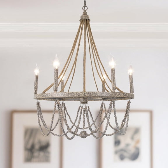 LOG BARN Wood Bead Chandelier, Farmhouse Dining Room Lighting with Hemp Ropes, 6-Light Boho Chandelier, 25.5” Dia