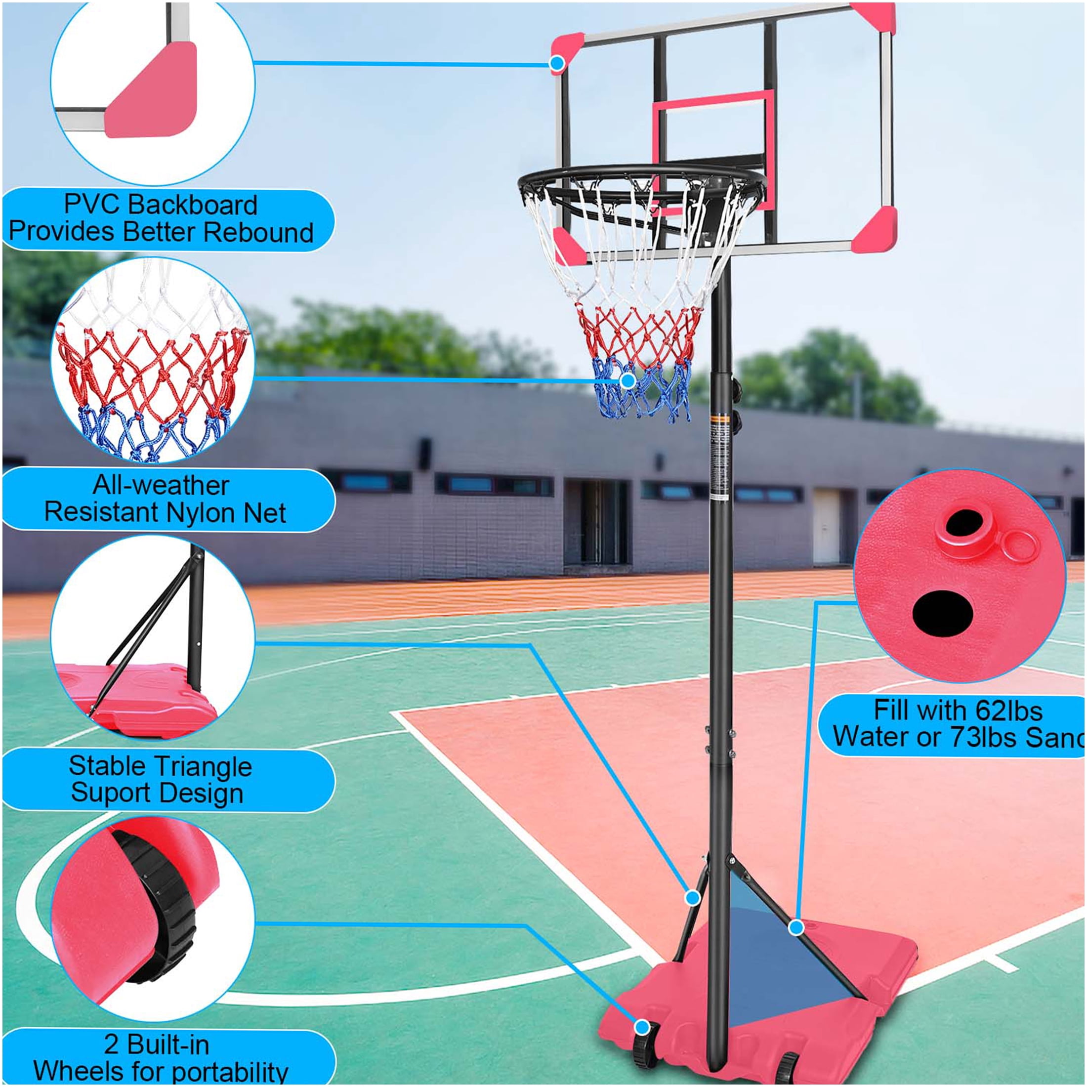 JERFIT Portable Basketball Hoop for Kids & Teens, Adjustable Height 5.6ft-7ft, Pink Iron Hoop with Wheels & Stable Base, 28" Backboard for Indoor Outdoor Use