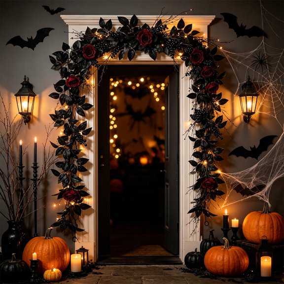 Halloween Wedding Decorations Black Rose Vines, Artificial Black Rose Leaf Vines for Indoor and Outdoor Arch Floral Decorations