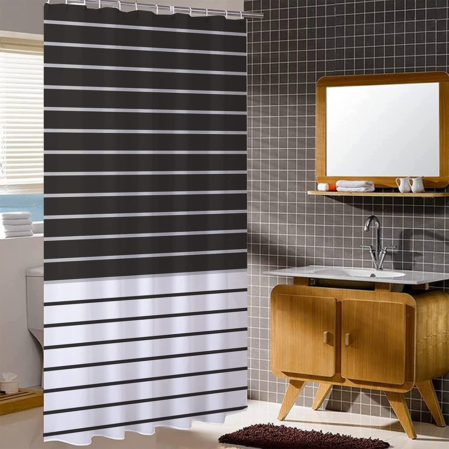 Stall Fabric Shower Curtain 36Wx72H inch,RV Black and White Striped Bathroom Shower Curtains,T ü rkiye Stripe Modern Farmhouse Bath Curtain with Hooks, Waterproof Fabric