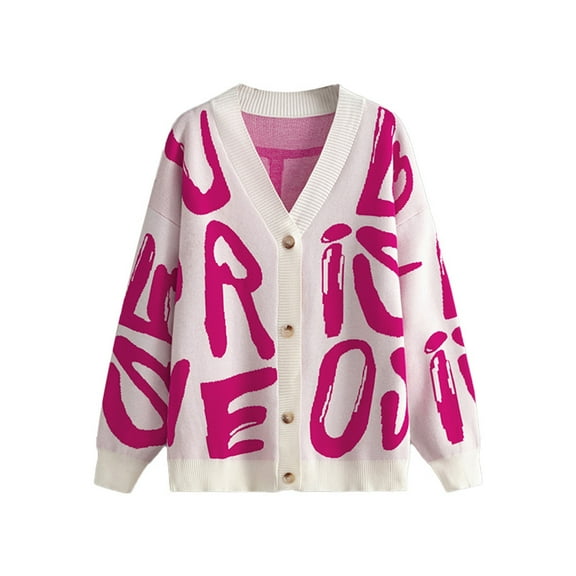 PMVFHDE Fashion Letter Jacquard Sweater Cardigan Women Autumn Winter Long Sleeve Button Front Knit Coat Hot Pink,One Size