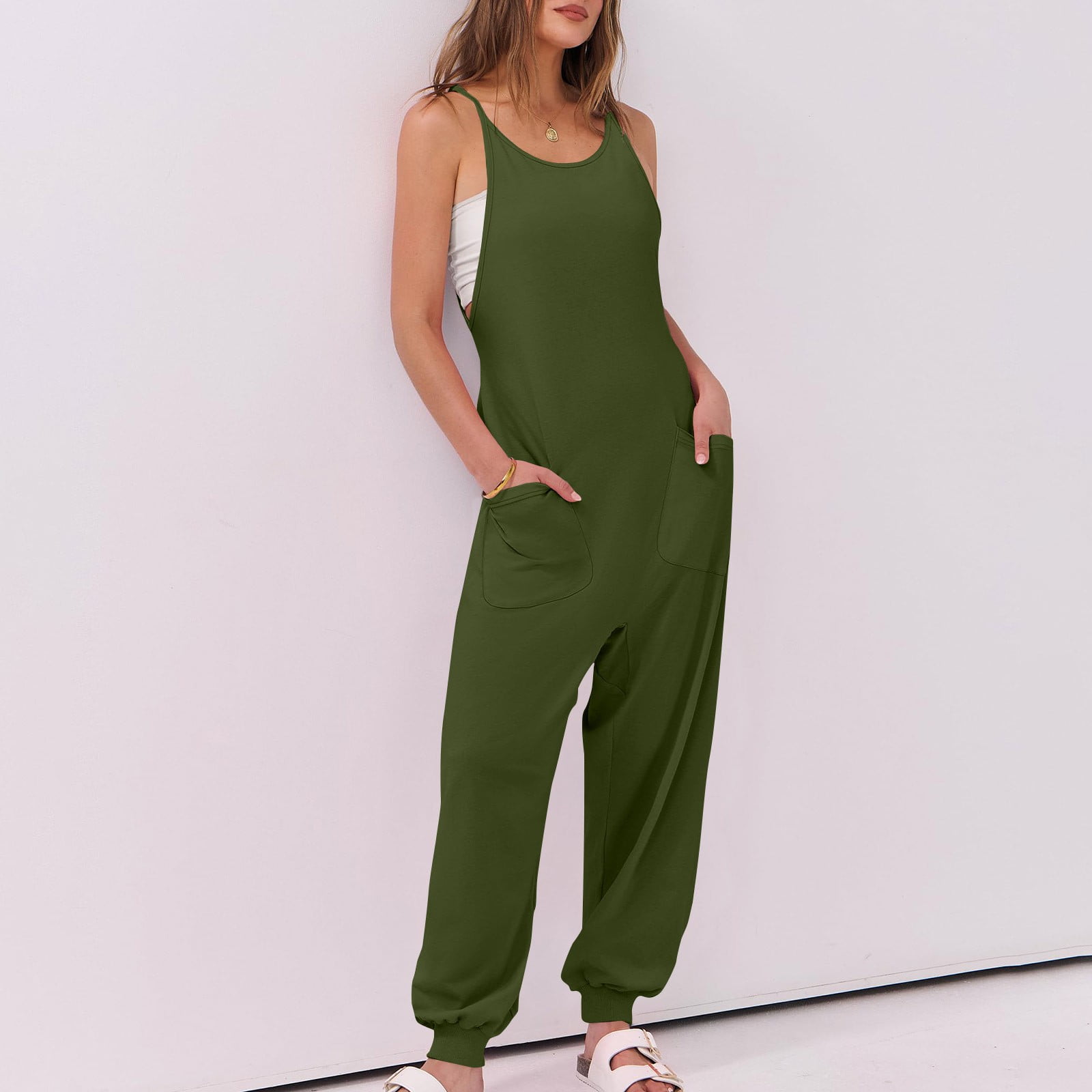lcziwo One Piece Joggers Pants for Women 2025 Summer Sleeveless Straps Yoga Workout Jumpsuit Solid Casual Elastic Bottom Overalls with Pockets Prime Sales Today Clearance