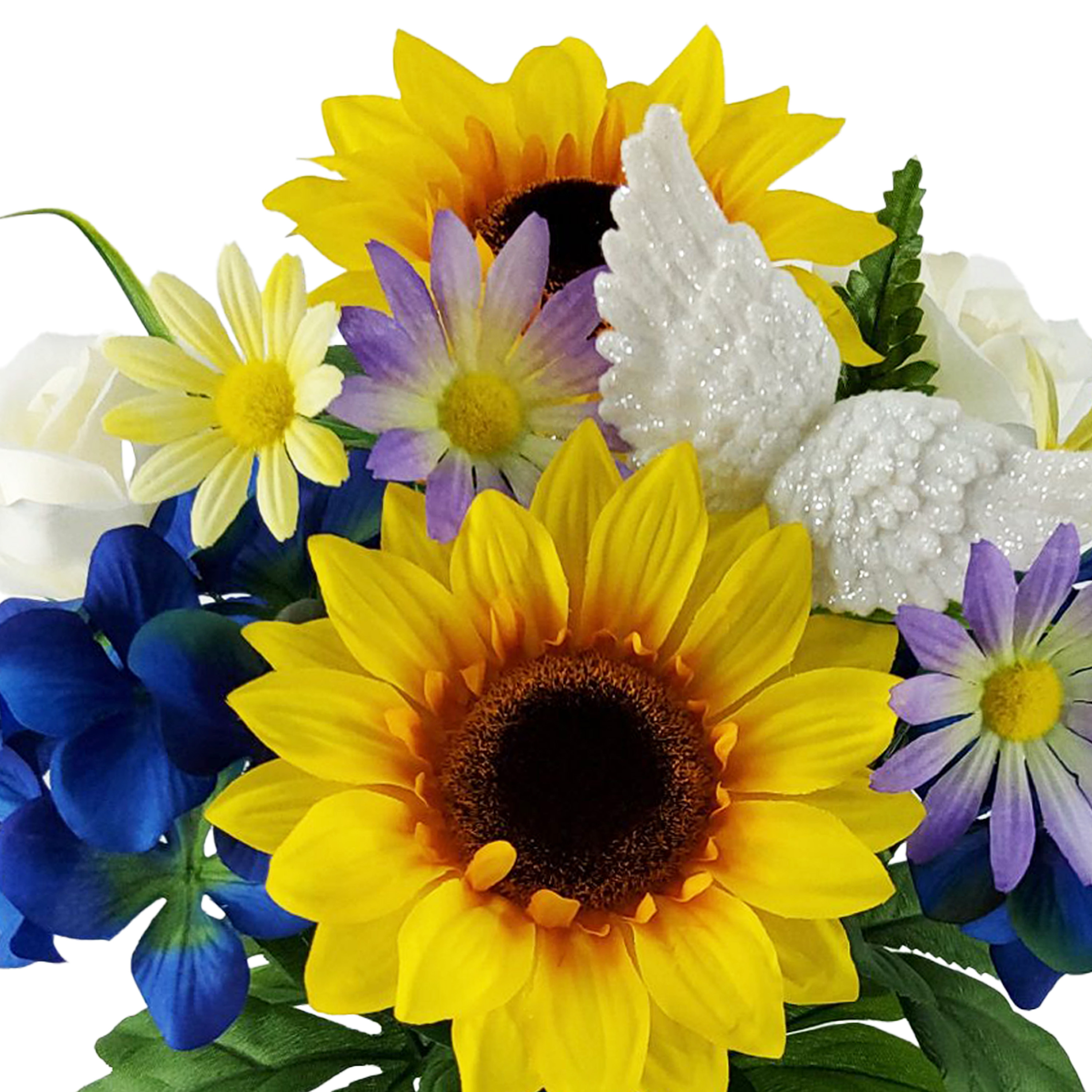 Mainstays 18in Indoor and Outdoor Artificial Sunflower and Hydrangea Bouquet,Yellow and Blue Color.