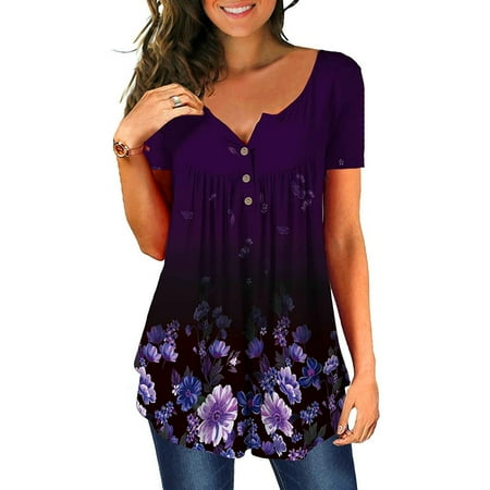 

SBYOJLPB Women s waist Women s V- Neck Floral Printed Tunic Tops Buttons Short Sleeve Loose Blouse Purple 6(M)