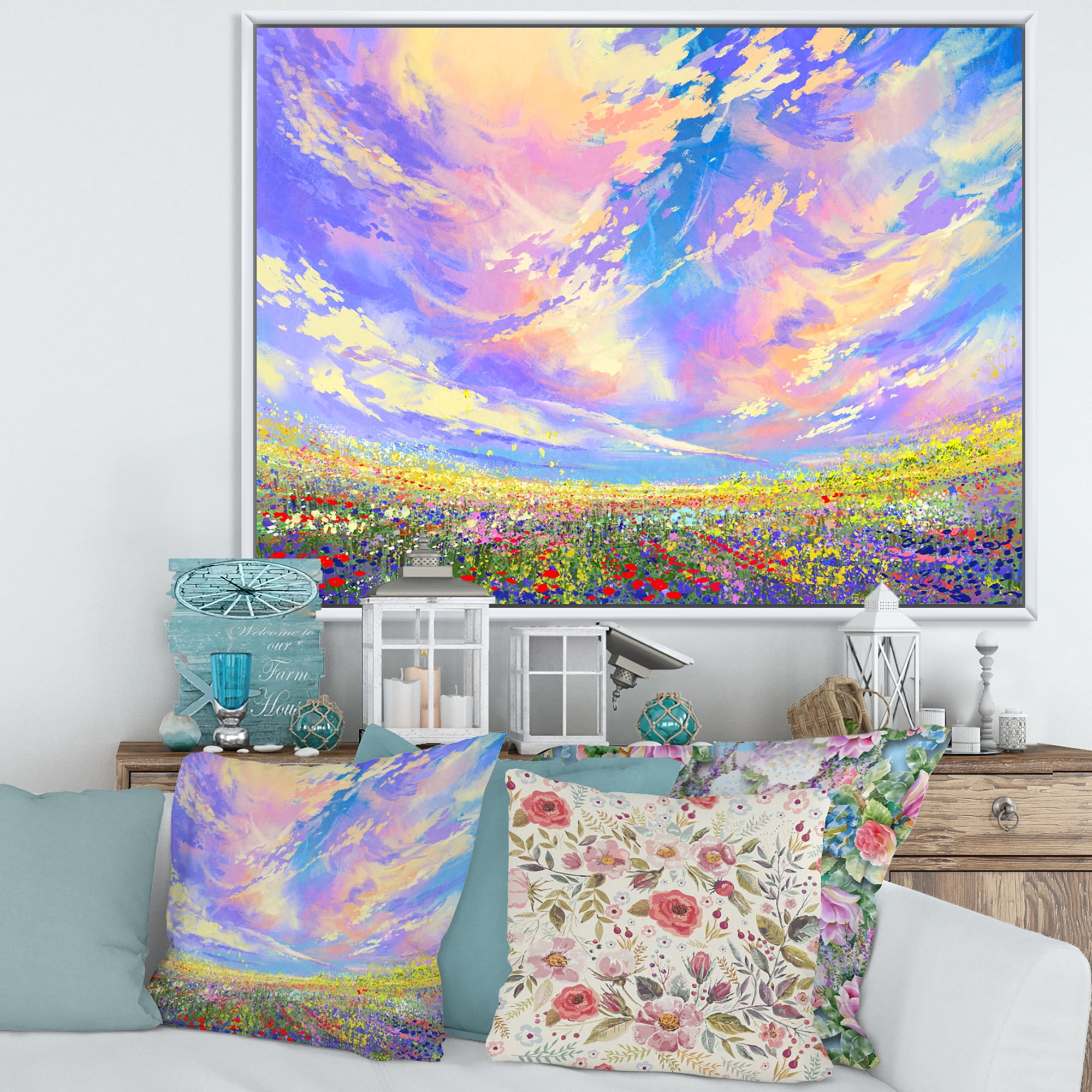 Designart 'Gorgeous Clouds Over Colorful Flowers In Field' Traditional Framed Canvas Wall Art Print