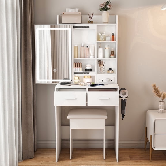 Small Makeup Vanity Set, 2 Piece with Sliding LED Mirror, 3-Color Dimmable, 2 Drawers 3 Shelves Hidden Storage & Power Outlet/USB for Girls & Teens