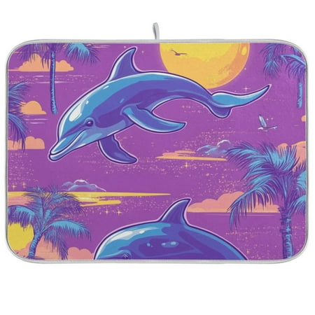 

Retro Dolphins Trees Dish Drying Mat Dish Drainer Rack Mats Water Absorbent Non-Slip Easy Clean Heat Resistant for Kitchen Counter