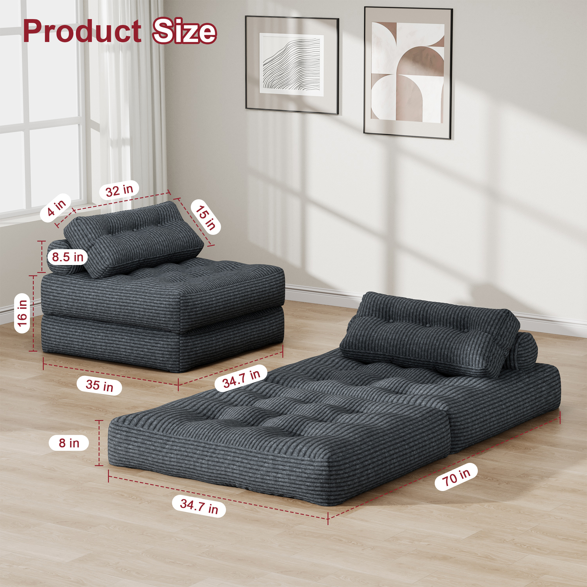 Mr Ironstone 3-in-1 Folding Sofa Bed with Pillow, Grey photo 7