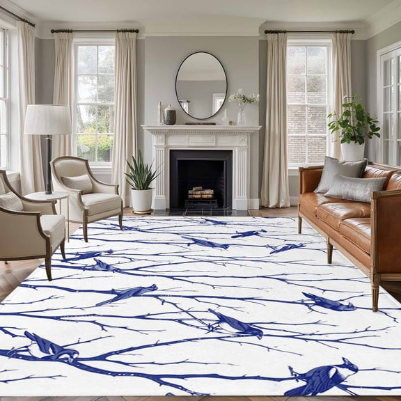 Navy Blue Branches Birds Area Rugs 5'x8', Washable Small Throw Rugs for Classroom Bedroom, Abstract Forest Silhouettes Indoor Outdoor Rug Non-Slip Low Pile Carpet Runner Reversible Floor Mats