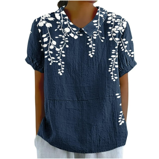 Blouses pour Femmes, T-Shirt Décontracté Imprimé Mode Manches Courtes Col Poupée Mignon Coton et Lin Blouse