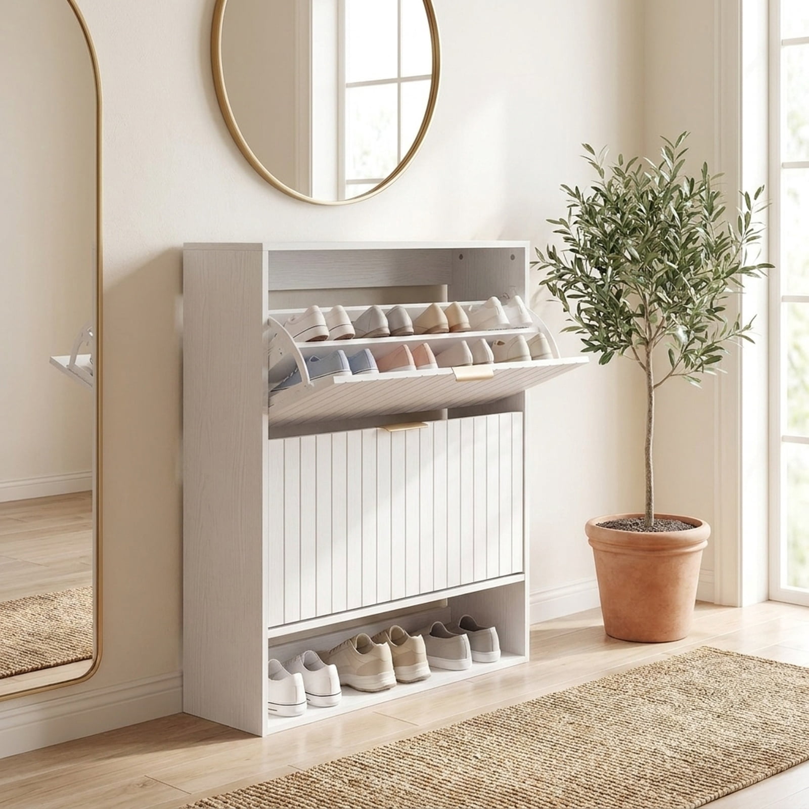 Furnibear Fluted Hidden Shoe Cabinet with 2 Flip Drawers and Open Storage for Entryway Hallway and Foyer Narrow Shoe Storage Organizer, White