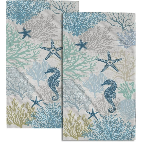 Blue Coral Hand Towels Set of 2 Sea Horse Decorative Bathroom Towels Ultra Soft Absorbent Towels for Yoga Gym Spa Kitchen 28x14 Inch