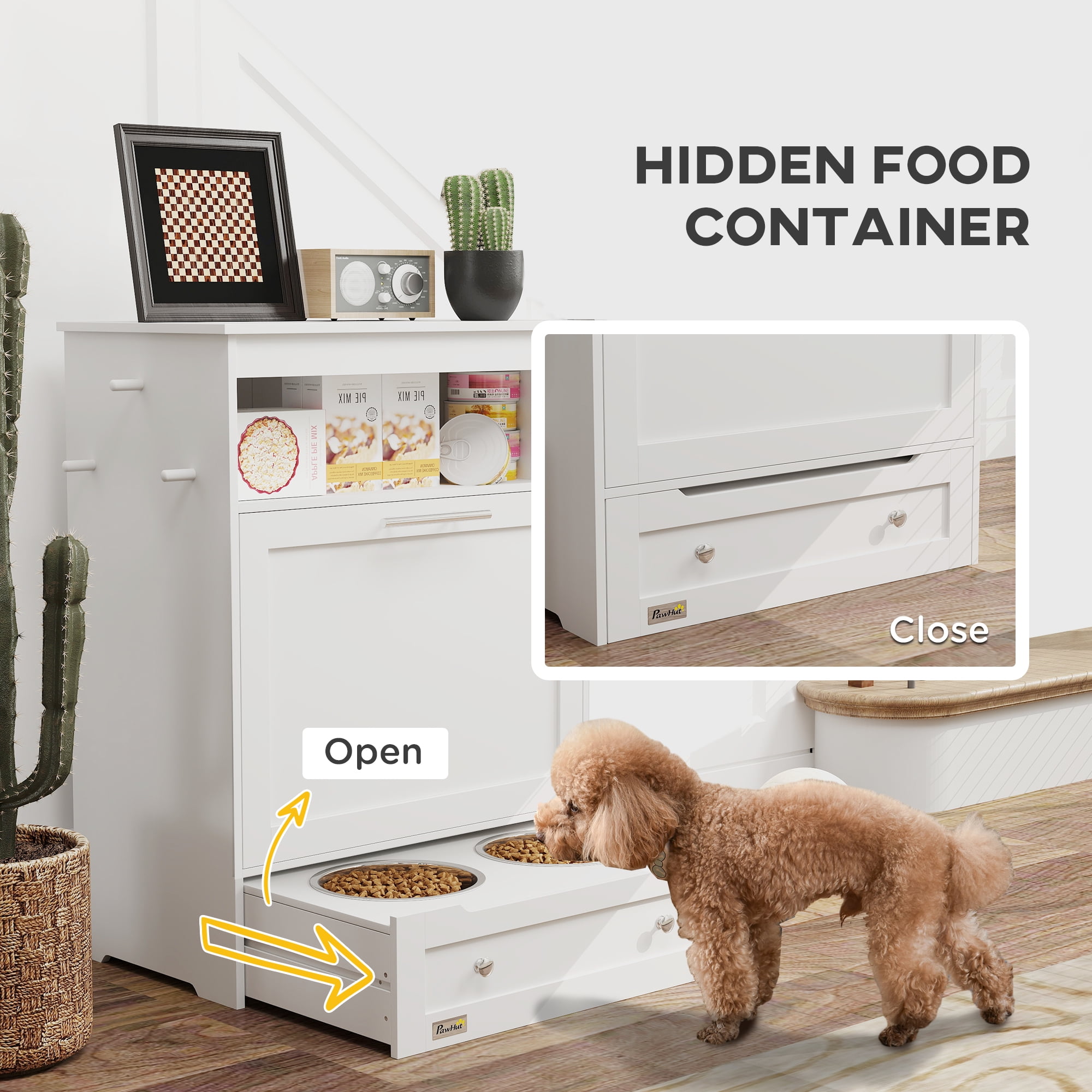 PawHut Pet Feeder Station Storage Cabinet, Dog Food Storage Container with Raised Dog  Bowls and Hanger for Feeding & Watering Supplies, White