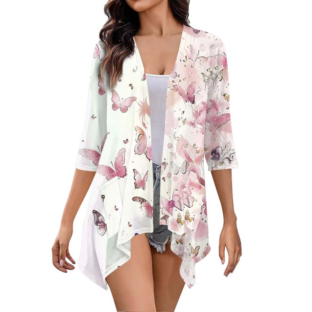 DondPO Women's Cardigans Lightweight Cardigans For Women 3/4 Sleeves Open Front Boho Draped Ruffles Plus Size Knit Cardigan Cardigan Sweaters for Women Beach Shirts for Women Pink L Clearance!