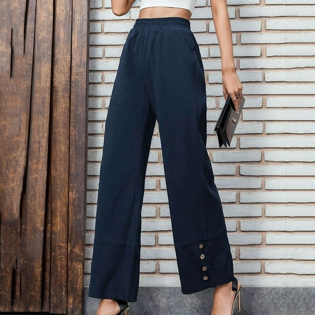 RXIRUCGD Women's Loose High Waist Wide Leg Pants Workout Out Casual Trousers, Navy, Size: M