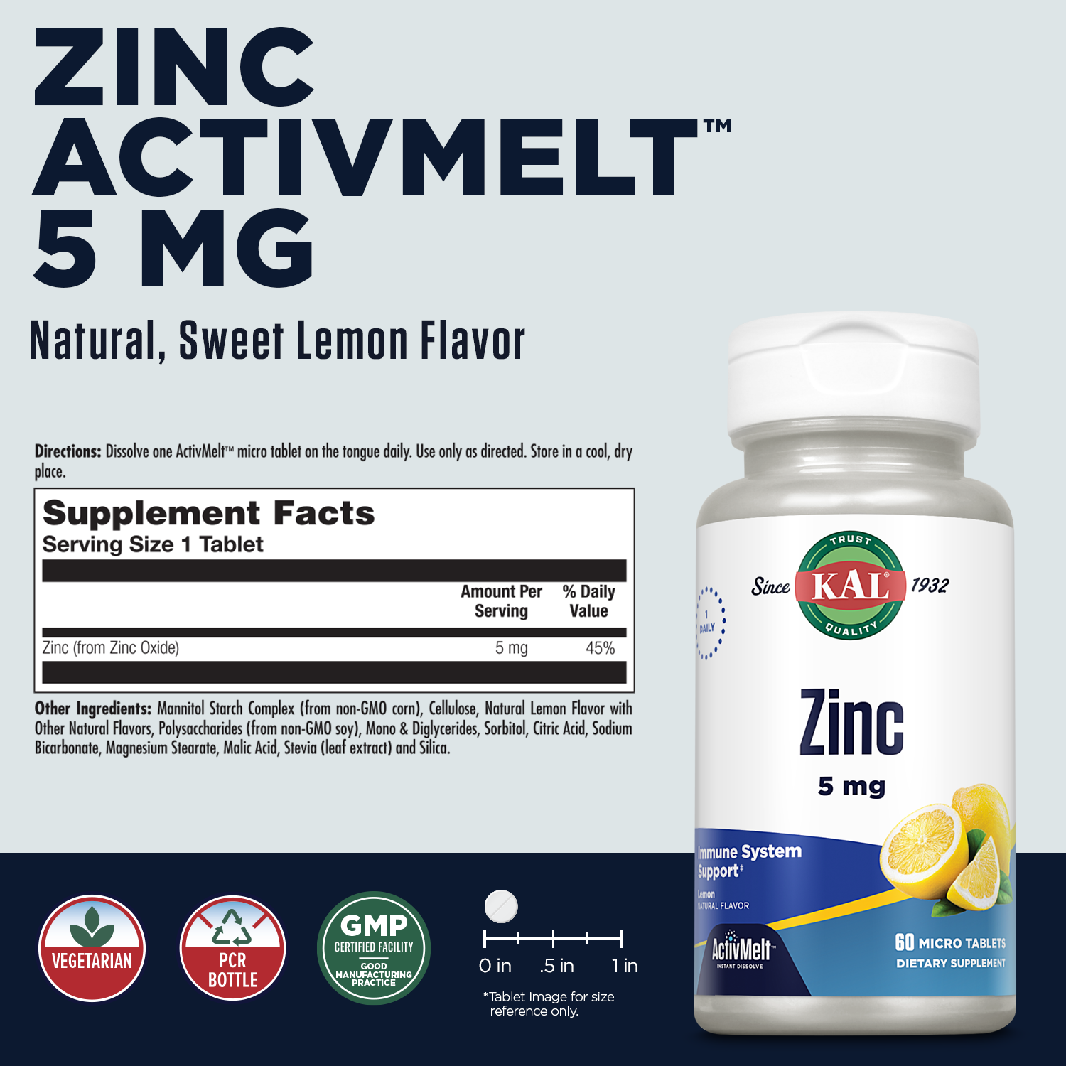 KAL Zinc 5 mg ActivMelt | Sweet Lemon Flavor | Healthy Protein Synthesis, Growth, Taste Acuity & Immune System Function Support | 60 Micro Tablets - image 2 of 6