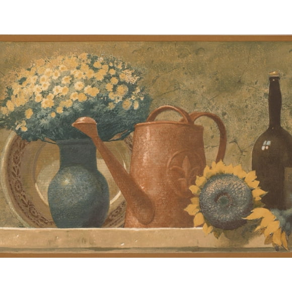 Fruit Basket Bouquet Wine Bottles on Mantel Kitchen Vintage Wallpaper Border Retro Design, Roll 15' x 9''