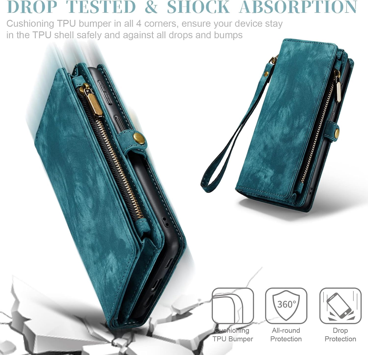 Phone Case for Samsung Galaxy A14 5G Zipper Wallet Detachable Cover with Tempered Glass Screen Protector and Leather Flip Credit Cash Card Holder Cell Accessories A 14 4G 14A G5 Women Men Blue