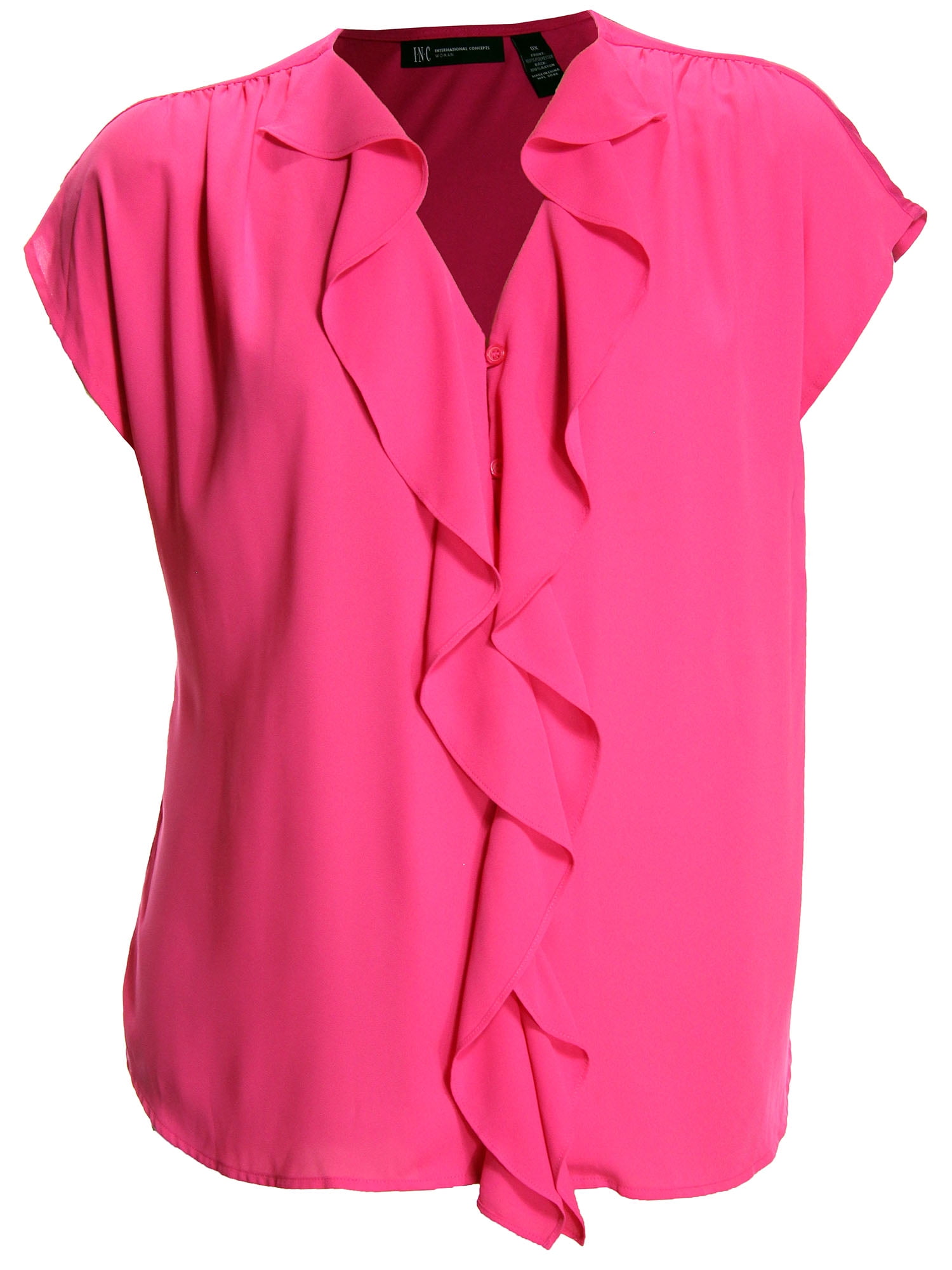 INC Women's Plus Short Sleeve Ruffle Front Button Down Blouse 0x Intense  Pink