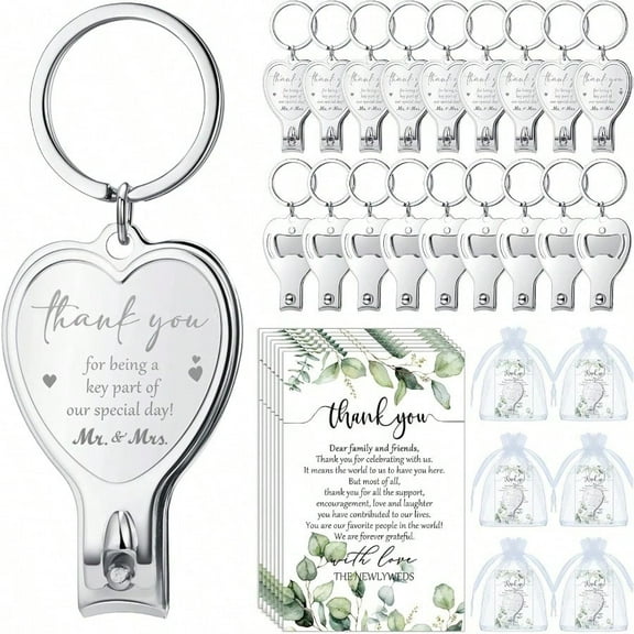 Pickmesh 100 Sets Wedding Souvenir for Guests Heart Multi Function Bottle Opener Nail Clipper with Thank You Cards White Organza Bags Wedding Party plies Bridal Shower Gift Thank You