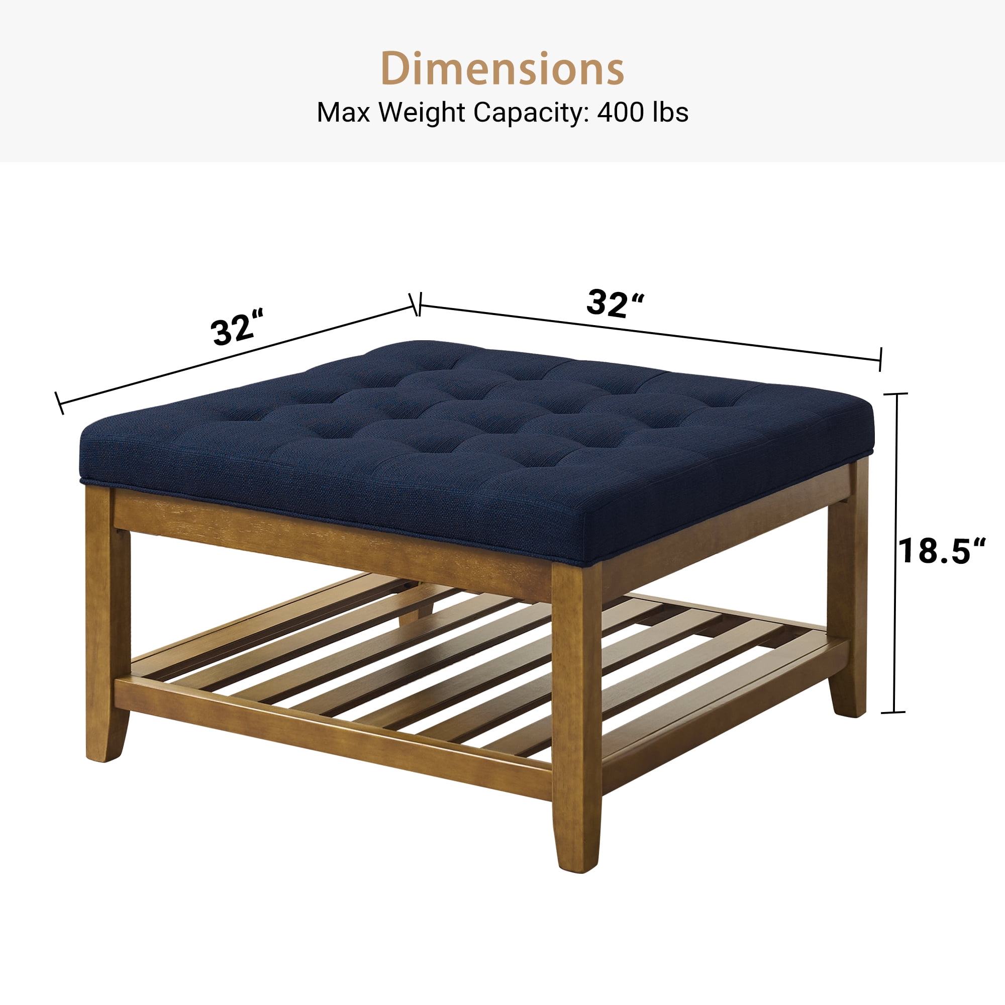 Square Upholstered Ottoman Coffee Table with Storage Shelf, Linen Fabric, Tufted Top, 31.9"x31.9", Navy Blue