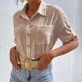 thumbnail image 2 of Camisa de negocios informal para mujer, media manga, cuello vuelto, bolsillos en el pecho con un solo pecho, Top suelto, color albaricoque M, 2 of 6