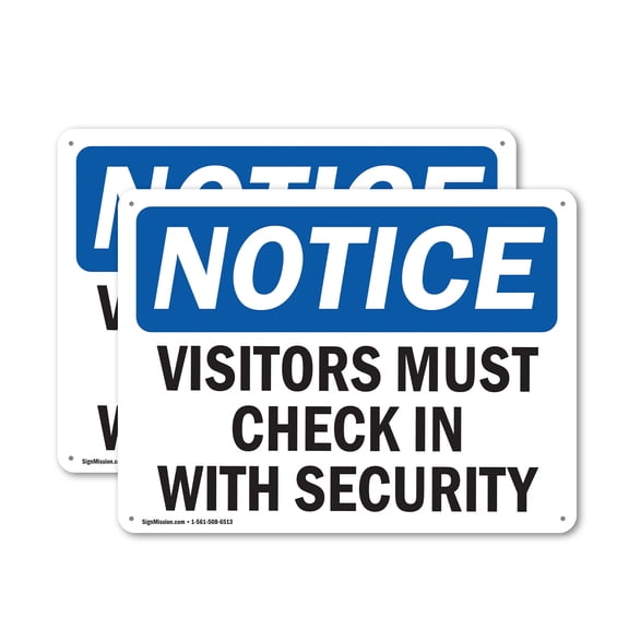 (2 Pack) Visitors Must Check In With Security OSHA Notice Sign 10 Inch X 7 Inch Indoor / Outdoor Rust-Free Aluminum Metal Signs for Workplace, Workshop, and Construction Site, Made in