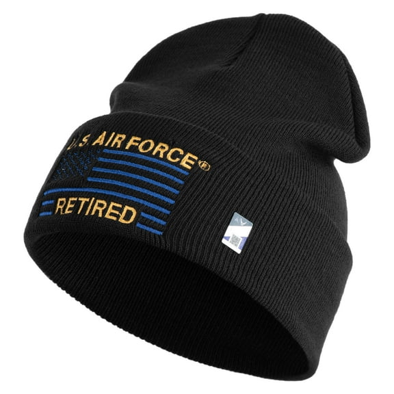 US Air Force Retired with Flag Logo Embroidered 12 Inch Solid Knit Cuff Long Beanie Made in USA - Black OSFM