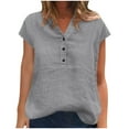 thumbnail image 2 of Bzhegqhd Women's New Solid Color Cotton and Linen Shirt Casual V-neck Button Short Sleeved Shirt, 2 of 5