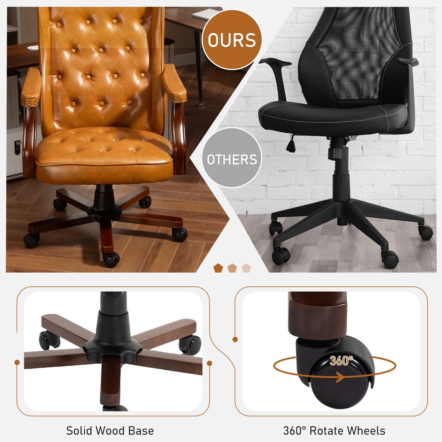 Homhum Ergonomic Executive Office Chair, Tufted Faux Leather Swivel Home Office Desk Chair, Brown