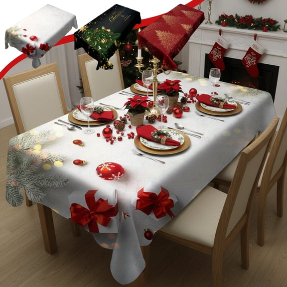 Washable Christmas Tablecloth, Festive Decoration Painted Table Cover, Cottage Style Christmas Table Cover, Holiday Party Supplies Tablecloth for Home Dining, Christmas Theme, 55.1*35.4in, White