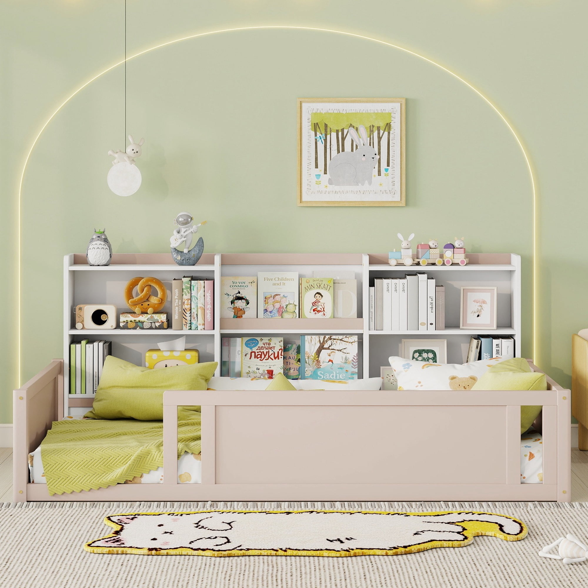 Mintazer Twin Size Montessori Floor Bed with Bookcase Headboard & Guardrails, Kids Platform Bed Frame with 6 Cubby Storage Shelves for Bedroom, White & Natural