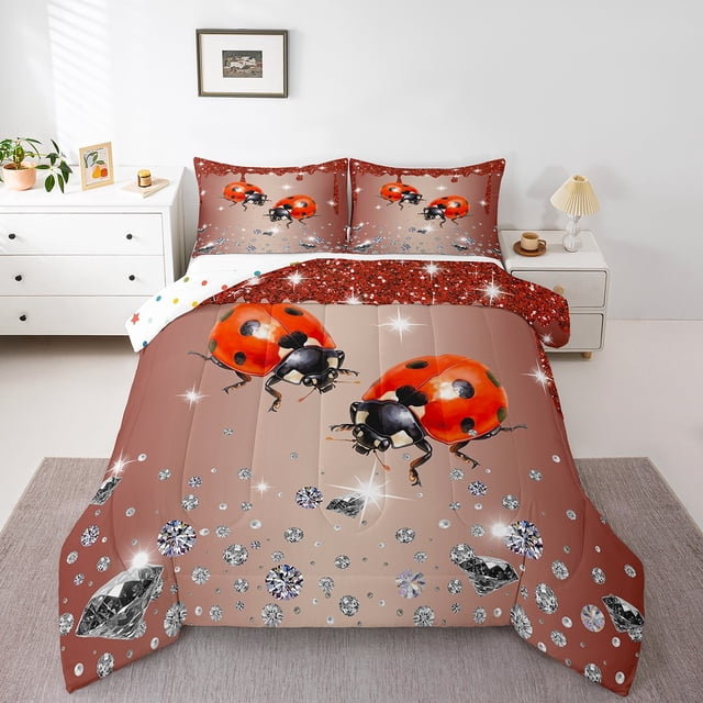 Ladybug Comforter Set Red Sequin Fluid Art Down Comforter,Crystal Diamond Bedding Sets Full,Ladybird Bugs Pattern Quilt Set Lady Beetle Watercolor Beetles Room Decor