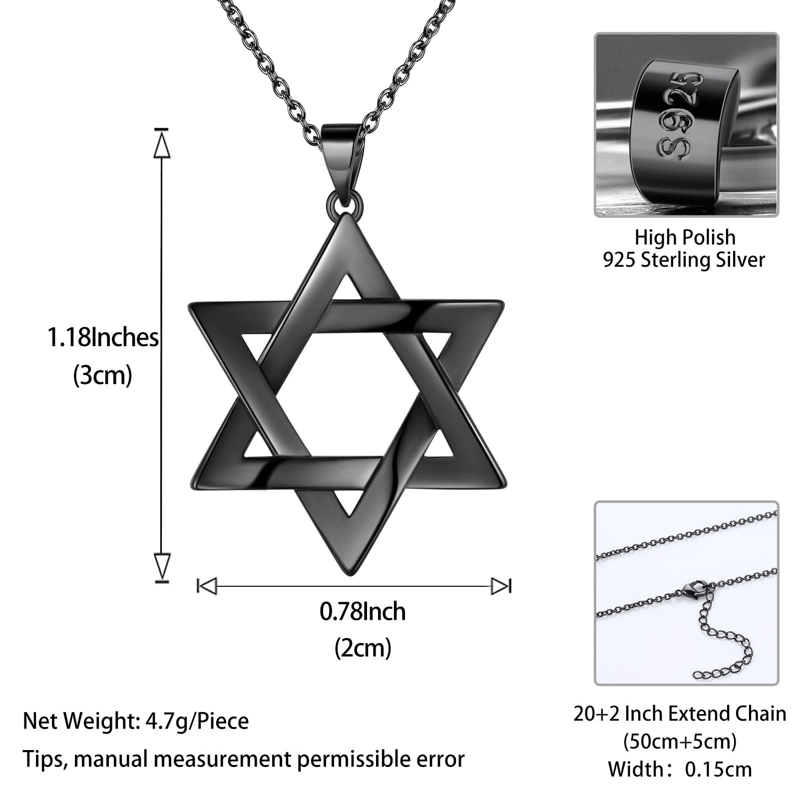 Jewmon Jewish Star Necklace for Women Men Black Gold Over 925 Silver Magen David Star Necklace Protection Jewelry
