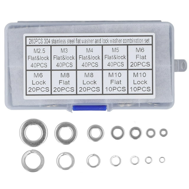Rondelles en Acier Inoxydable, Coffre-Fort M2.5 M3 M5 M6 M8 M10 260Pcs Kit de Rondelle de Verrouillage Plat Organisation Facile Compartiments Multiples Durables pour la Maison