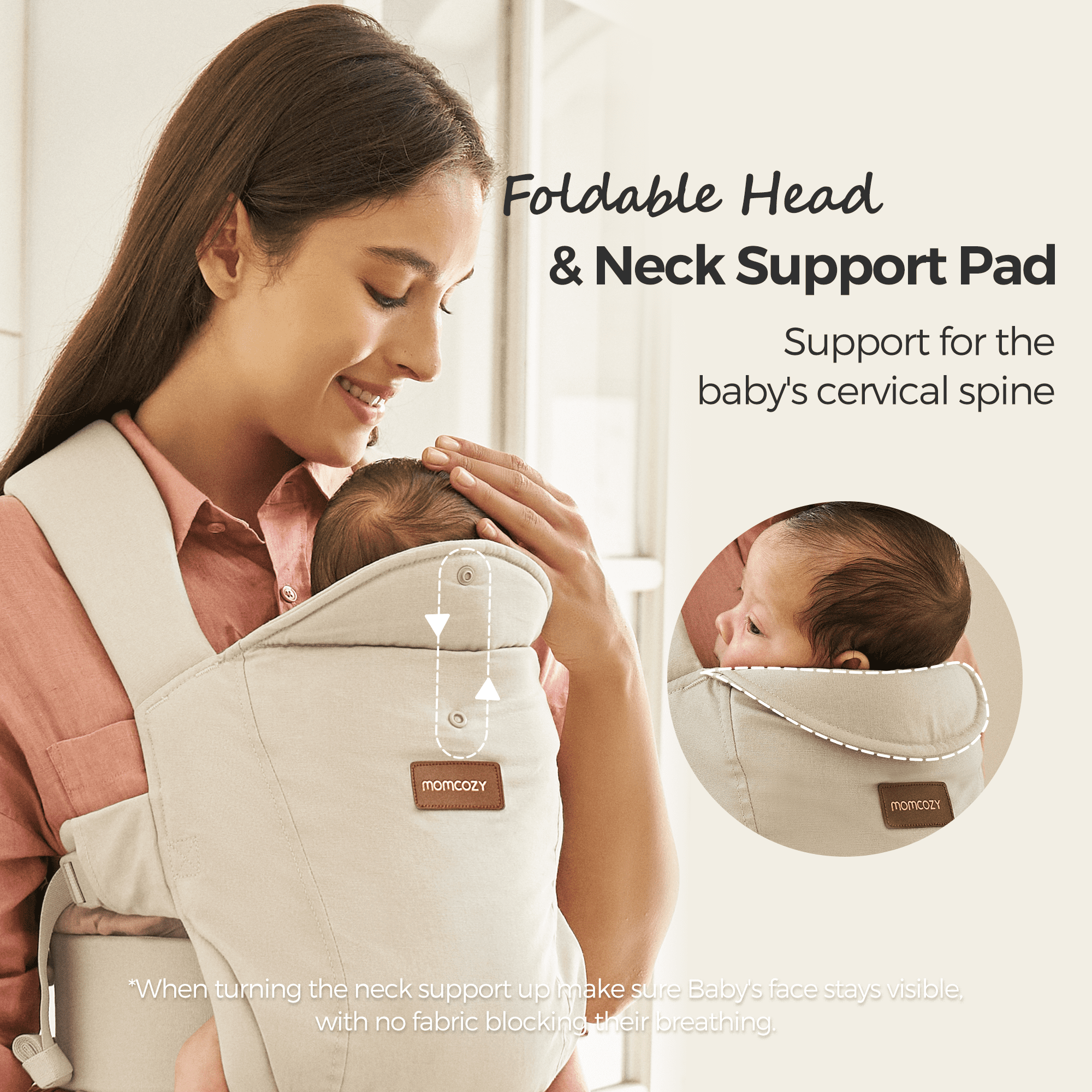 Momcozy Newborn Carrier WeeSnug- Lightweight and Cozy Comfort for 7-25 lbs, Ergonomic Cross-Back Support, Effortless to Put On, Hands-Free Baby Carrier with Lumbar Support, Khaki