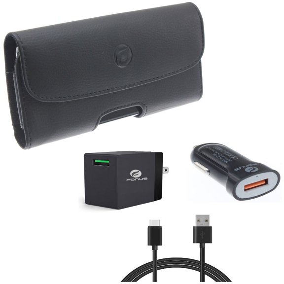 Case Belt Clip & Fast Home Car Charger for iPhone 15 Pro - Leather Holster Cover Pouch and USB Cable Type-C 6ft Long Travel D6G for iPhone 15 Pro (6.1")