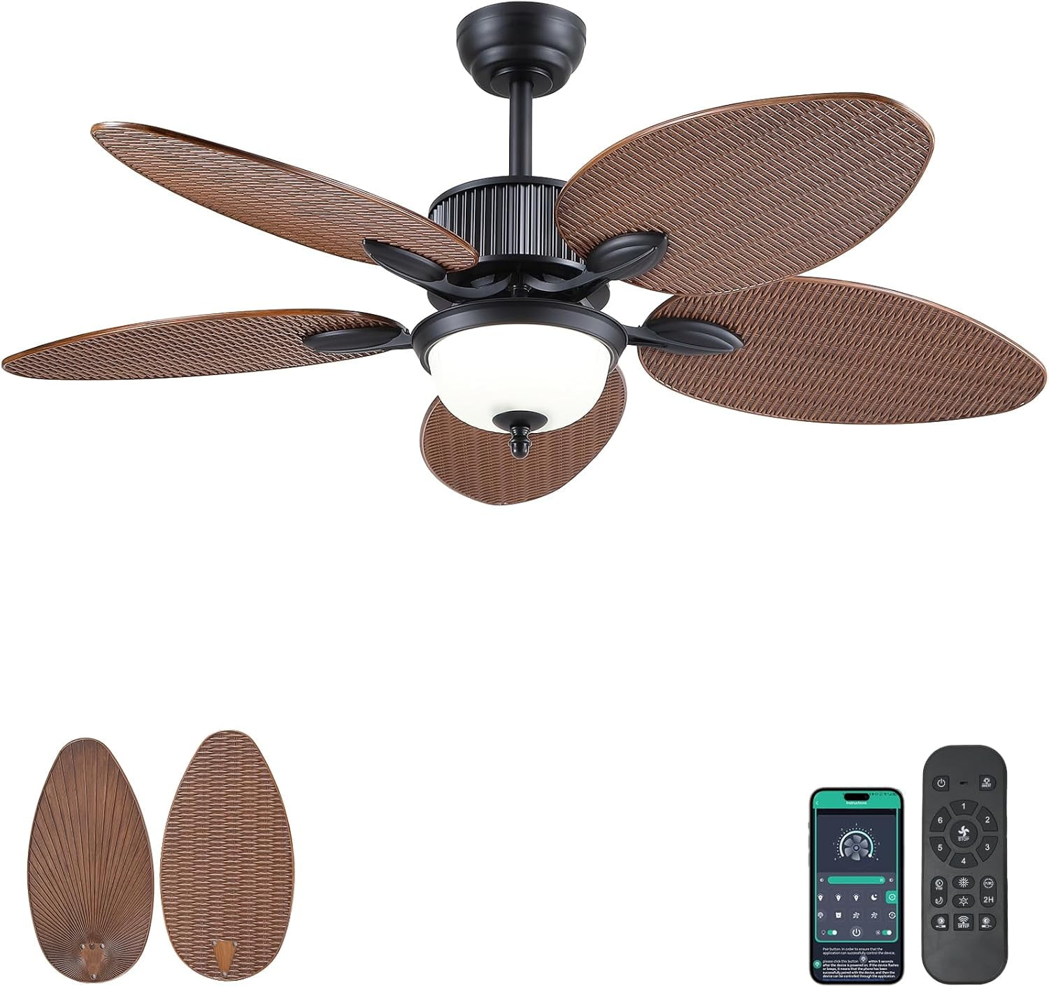 PHORUS 50" Tropical Ceiling Fan with Light and Remote/APP, Outdoor Waterproof Palm Leaf Ceiling Fan, 6 Speeds Quiet DC Motor, Wet Rated for Patio, Porch, Brown