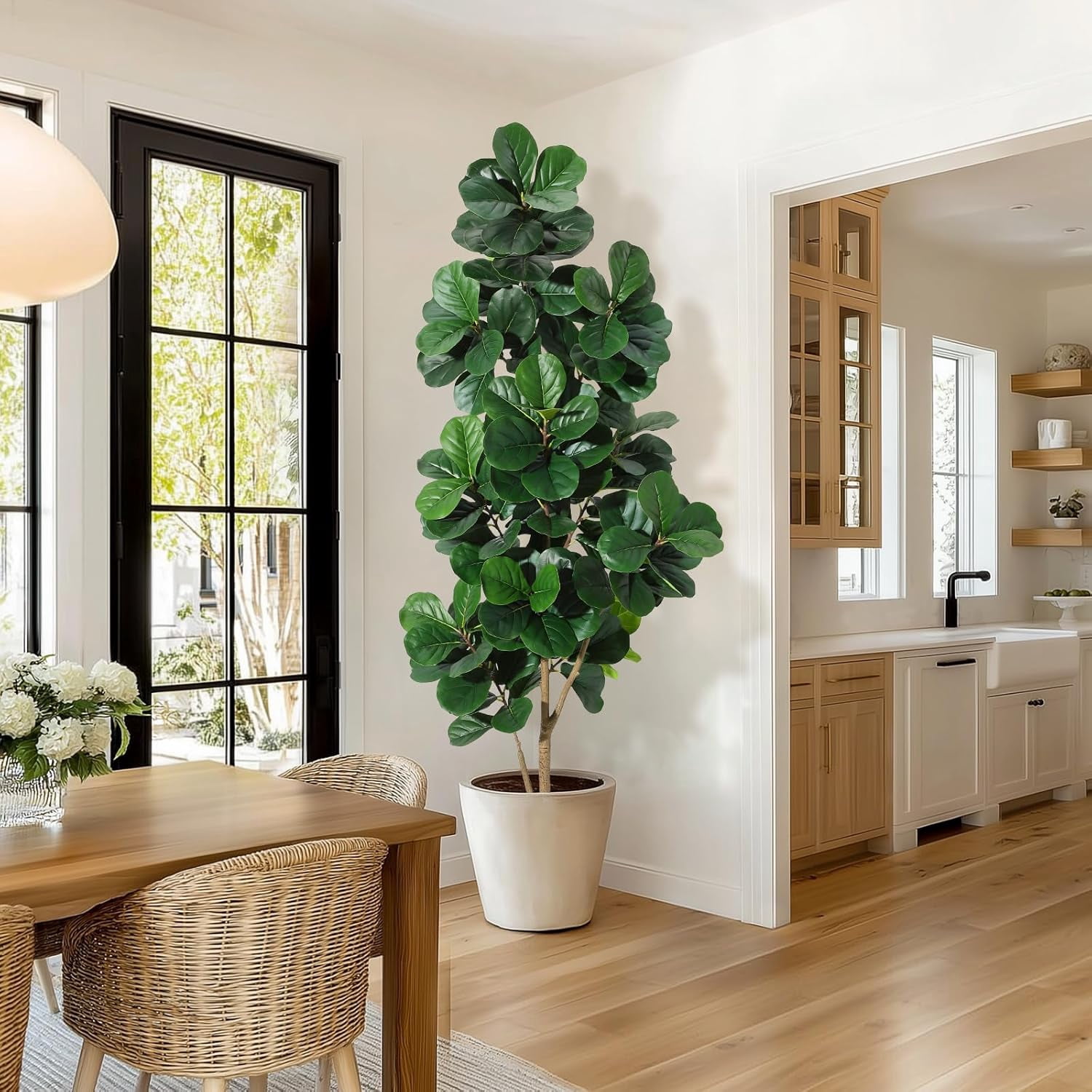 7 ft Fiddle Leaf Fig Tree Artificial with 141 Leaves - Realistic Faux Ficus Lyrata Trees in 9 in White Planter Pot, Indoor Fake Floor Plants for Home Office Living Room Decor, Housewarming Gift